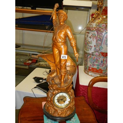 672 - A good late Victorian spelter clock 'Cod Hunter'