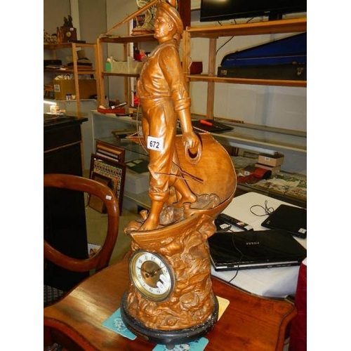 672 - A good late Victorian spelter clock 'Cod Hunter'