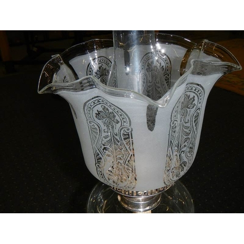 687 - A silver plated Corinthian column oil lam o with cut glass font and acid etched shade.