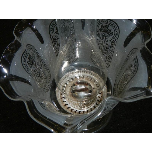 687 - A silver plated Corinthian column oil lam o with cut glass font and acid etched shade.