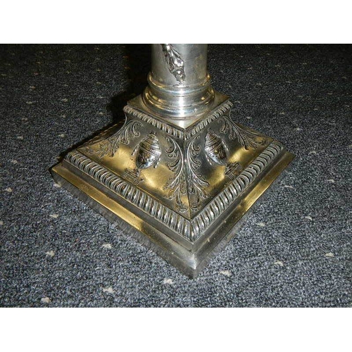 687 - A silver plated Corinthian column oil lam o with cut glass font and acid etched shade.