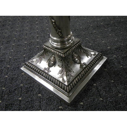 687 - A silver plated Corinthian column oil lam o with cut glass font and acid etched shade.