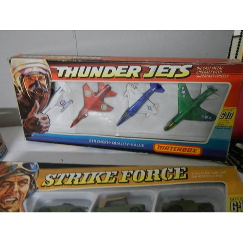 283 - Boxed Matchbox Strikeforce and Thunder Jets gift sets, Britains motorcycles etc.,