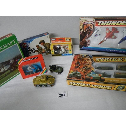 283 - Boxed Matchbox Strikeforce and Thunder Jets gift sets, Britains motorcycles etc.,