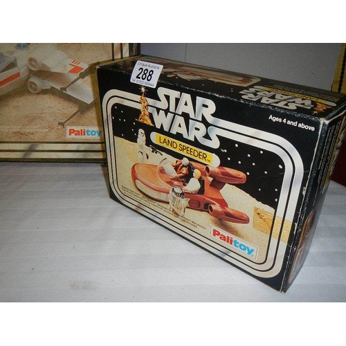 288 - A boxed Palitoy Star Wars Land Speeder and X wing fighter, (unchecked for completeness and in played... 