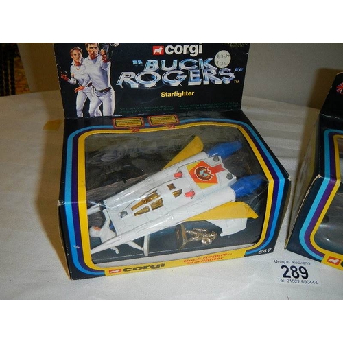 289 - Boxed original Corgi 647 & 649 Buck Rogers Starfighter and James Bond 007 Space shuttle.