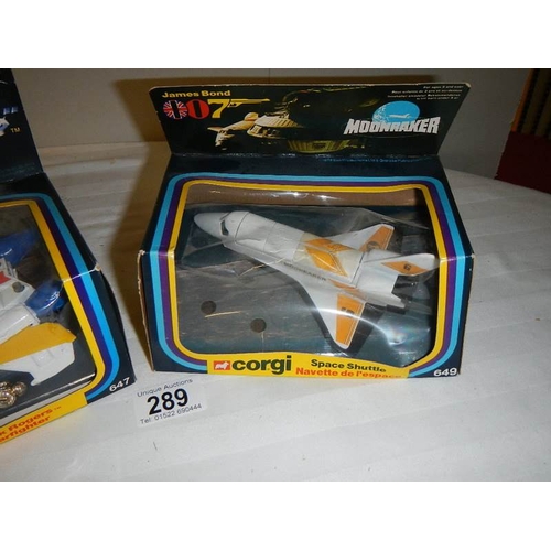 289 - Boxed original Corgi 647 & 649 Buck Rogers Starfighter and James Bond 007 Space shuttle.