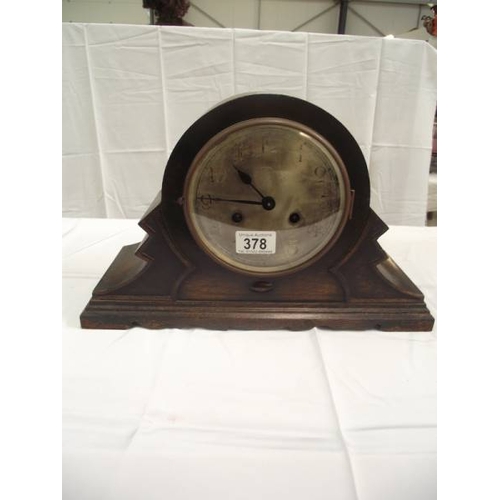 378 - 1930's oak mantle clock i.w.o. no key