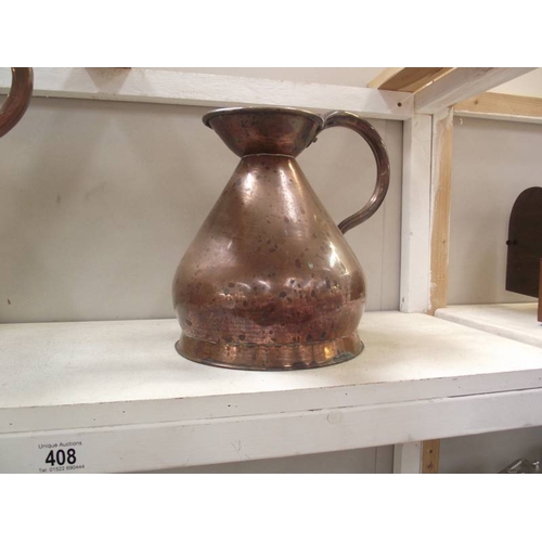 408 - A set of seven graduated copper ale jugs