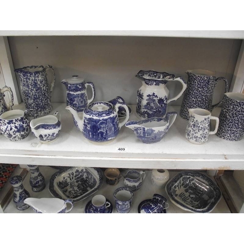 409 - 3 shelves of blue and white including Spode