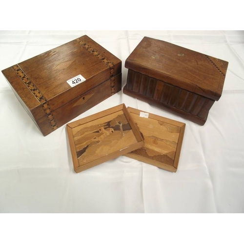 420 - 2 inlaid boxes, no keys, 1 has secret compartment, etc.