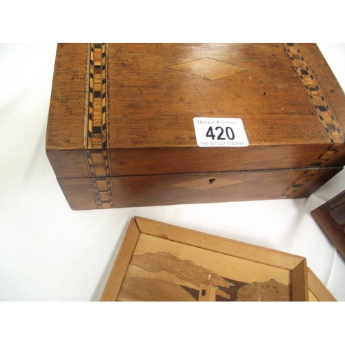 420 - 2 inlaid boxes, no keys, 1 has secret compartment, etc.