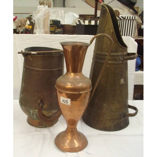 425 - 2 vintage brass and copper coal scuttles and a jug