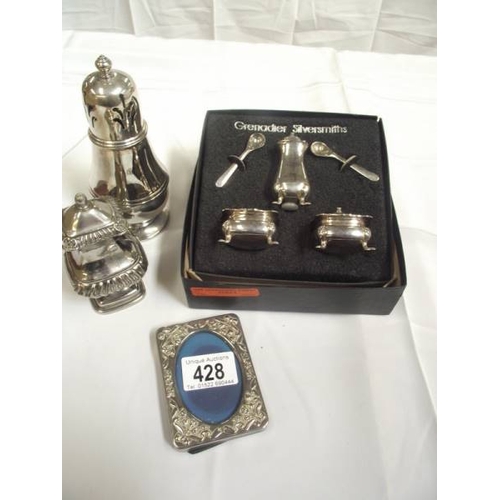 428 - A boxed silver plate cruet set, sugar sifter etc.