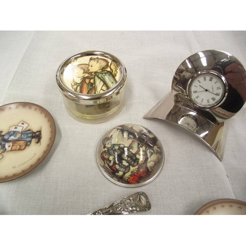 447 - A mixed lot including s/p spoons, Hummel plates, Hummel picture paperweight, German music box, silve... 