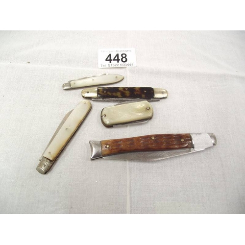 448 - 5 vintage pen knives including 2 with silver blades