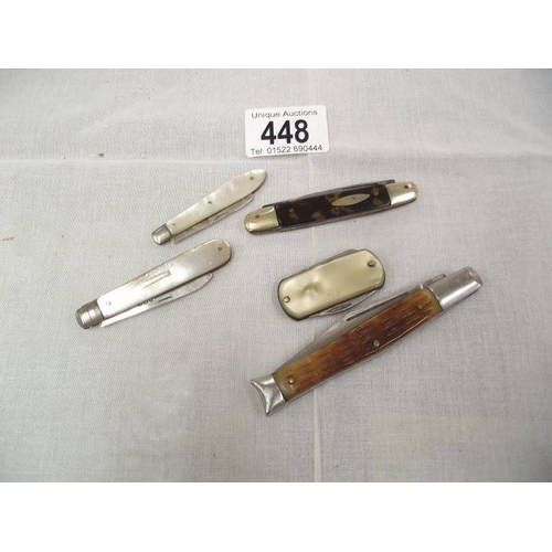 448 - 5 vintage pen knives including 2 with silver blades