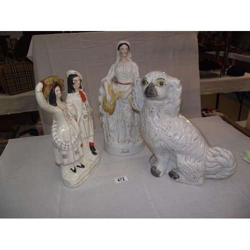 472 - 3 Victorian Staffordshire figures - Ruth, spaniel and flatback