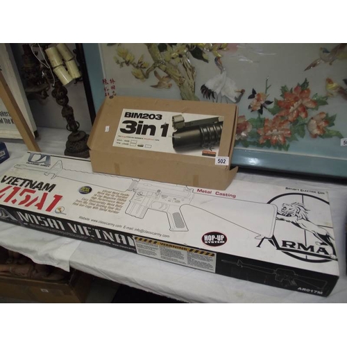 502 - A boxed Airsoft Vietnam M15A1 rifle and a boxed BIM302 3 in 1 Long