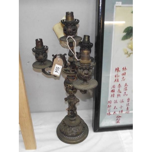 504 - An electrified bronze 3 arm candelabra (wiring a/f)