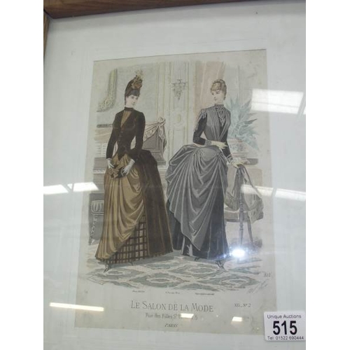 515 - 5 framed French 19th C coloured engravings La Salon de la Mode and Magasin des Moiselles etc