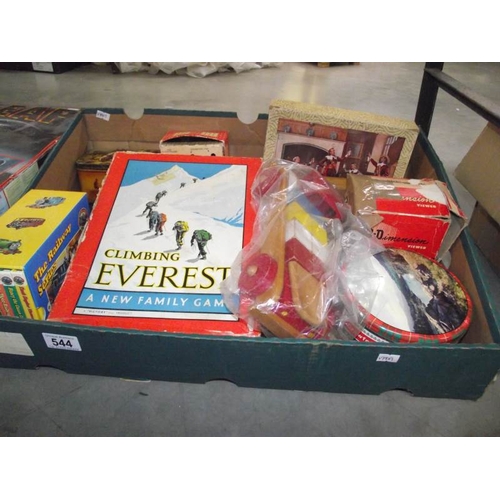 544 - A box of vintage toys including tin, old marbles, wooden blocks, lorry etc.,