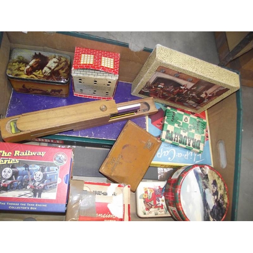 544 - A box of vintage toys including tin, old marbles, wooden blocks, lorry etc.,