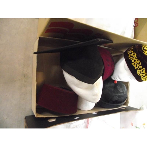 550 - 4 boxes containing household linen, fabric, hats, small Victorian/Edwardian jacket and items of clot... 