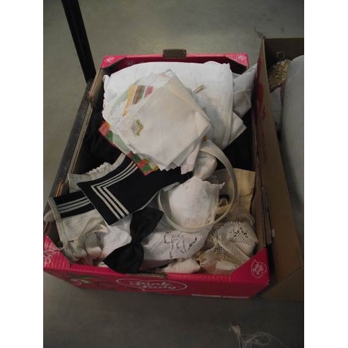 550 - 4 boxes containing household linen, fabric, hats, small Victorian/Edwardian jacket and items of clot... 