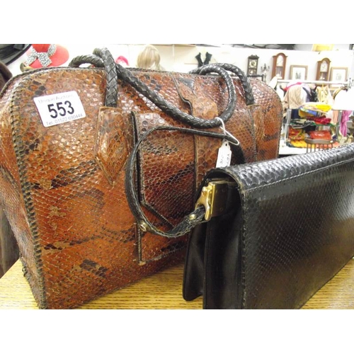 553 - An art deco snake skin large bag, brown-black colour together with a further black snakeskin vintage... 