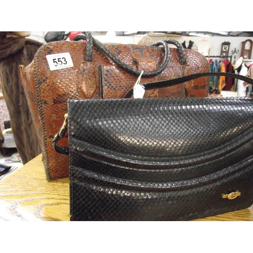 553 - An art deco snake skin large bag, brown-black colour together with a further black snakeskin vintage... 