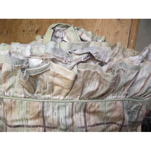 562 - Two silk vintage curtains or blinds, frilled to tops and bottoms, some damage to frill, in pastel sh... 