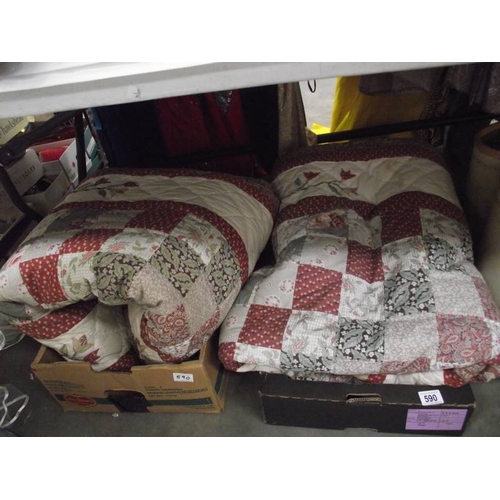 590 - 2 double quilted bedspreads, in need of dry cleaning.