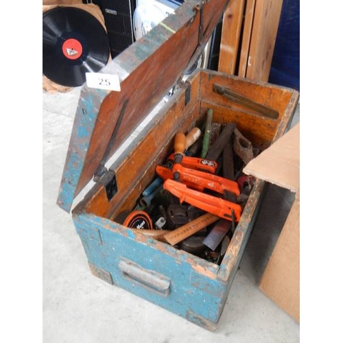 25 - An old pine tool box with tools.