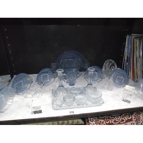 318 - A 1930's blue glass trinket set and other glassware including fruit bowl set