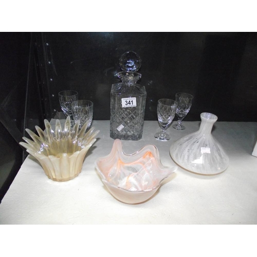 341 - 2 art glass bowls and a vase, a Royal Doulton decanter and 4 glasses (1 with tiny chip to rim)