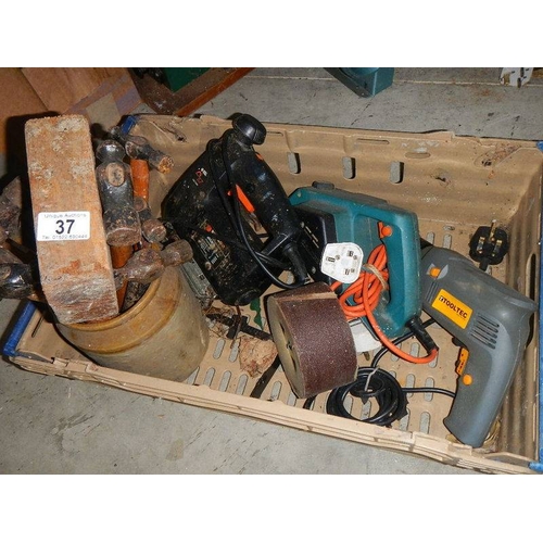 37 - A box of tools, fret saw, planer, drill, hammers etc.,