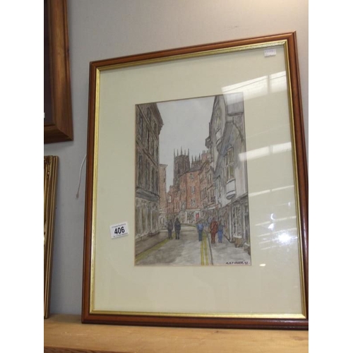 406 - 5 assorted original pictures including watercolours featuring York Minster from Low Petergate signed... 