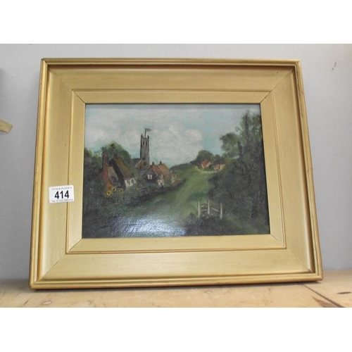 414 - A gilt framed oil on canvas of Chuch Village scene and 2 others