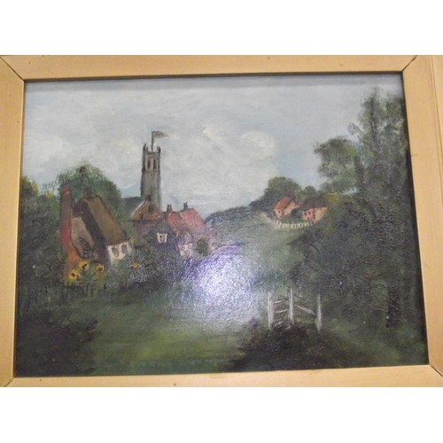 414 - A gilt framed oil on canvas of Chuch Village scene and 2 others