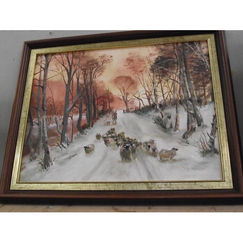 414 - A gilt framed oil on canvas of Chuch Village scene and 2 others