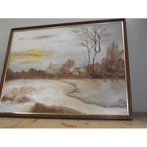 414 - A gilt framed oil on canvas of Chuch Village scene and 2 others