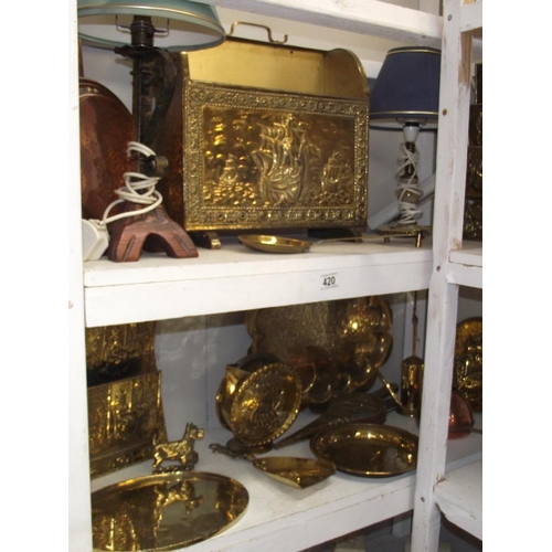 420 - 2 shelves of misc. brassware, lamps and a warming pan