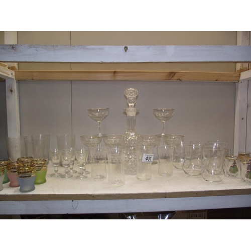 431 - A moulded glass decanter and good selection of vintage drinking glasses