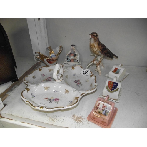 446 - A Goebel song thrush (beak a/f) and other continental porcelain