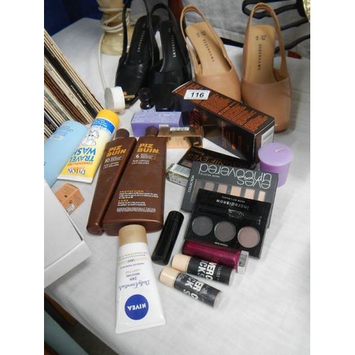 116 - A mixed lot of make up, shoes, hats etc.,