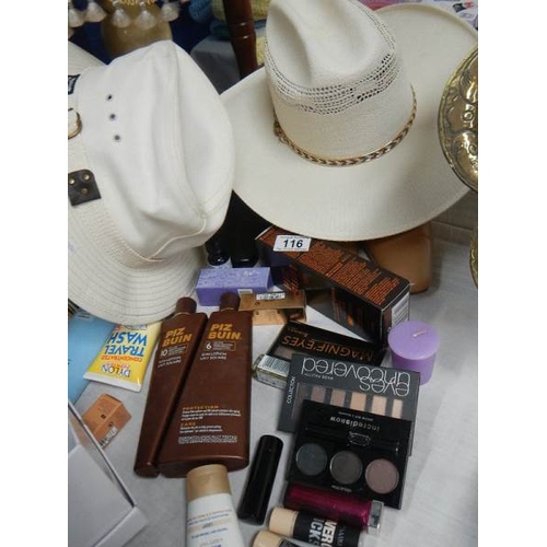 116 - A mixed lot of make up, shoes, hats etc.,