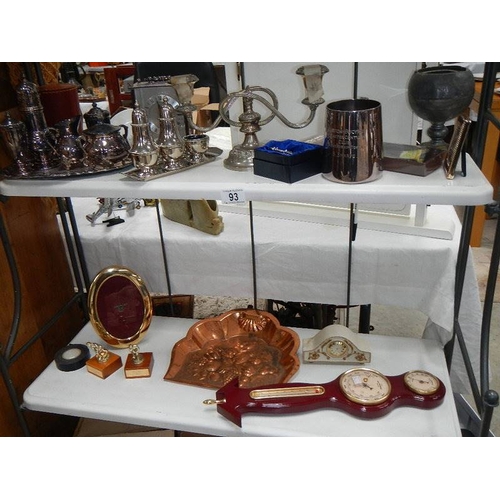 93 - 2 shelves of metalware, barometer etc.,