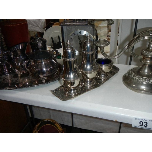 93 - 2 shelves of metalware, barometer etc.,