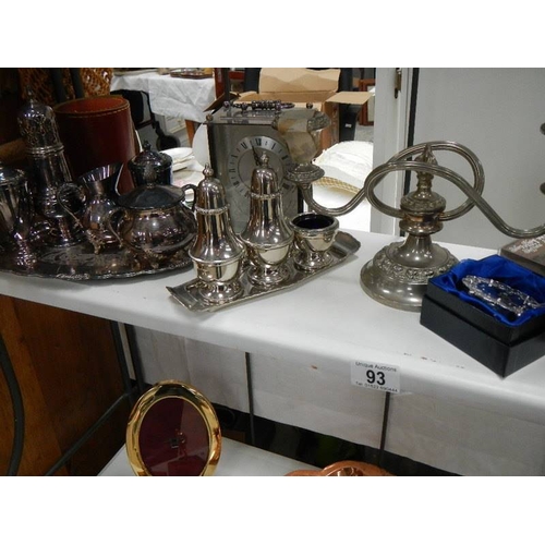 93 - 2 shelves of metalware, barometer etc.,